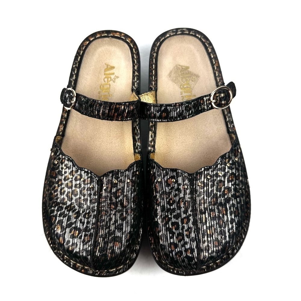 Alegria Tuscany Mules 38 Wide Metallic Leopard Print Slip On Clog Shoes Womens